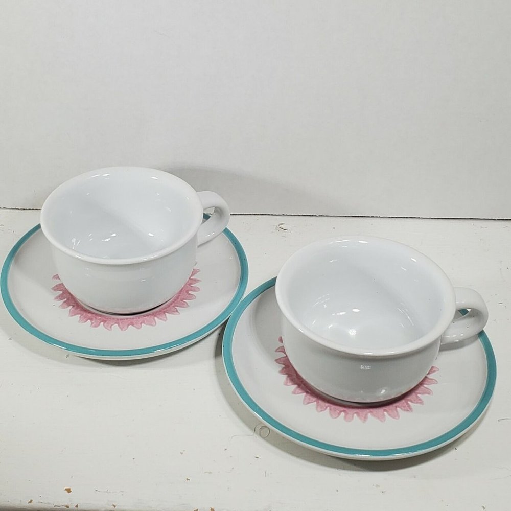 2 Dansk Costa Del Sol Tea Coffee Cups and Saucers aqua pink sunshine rays